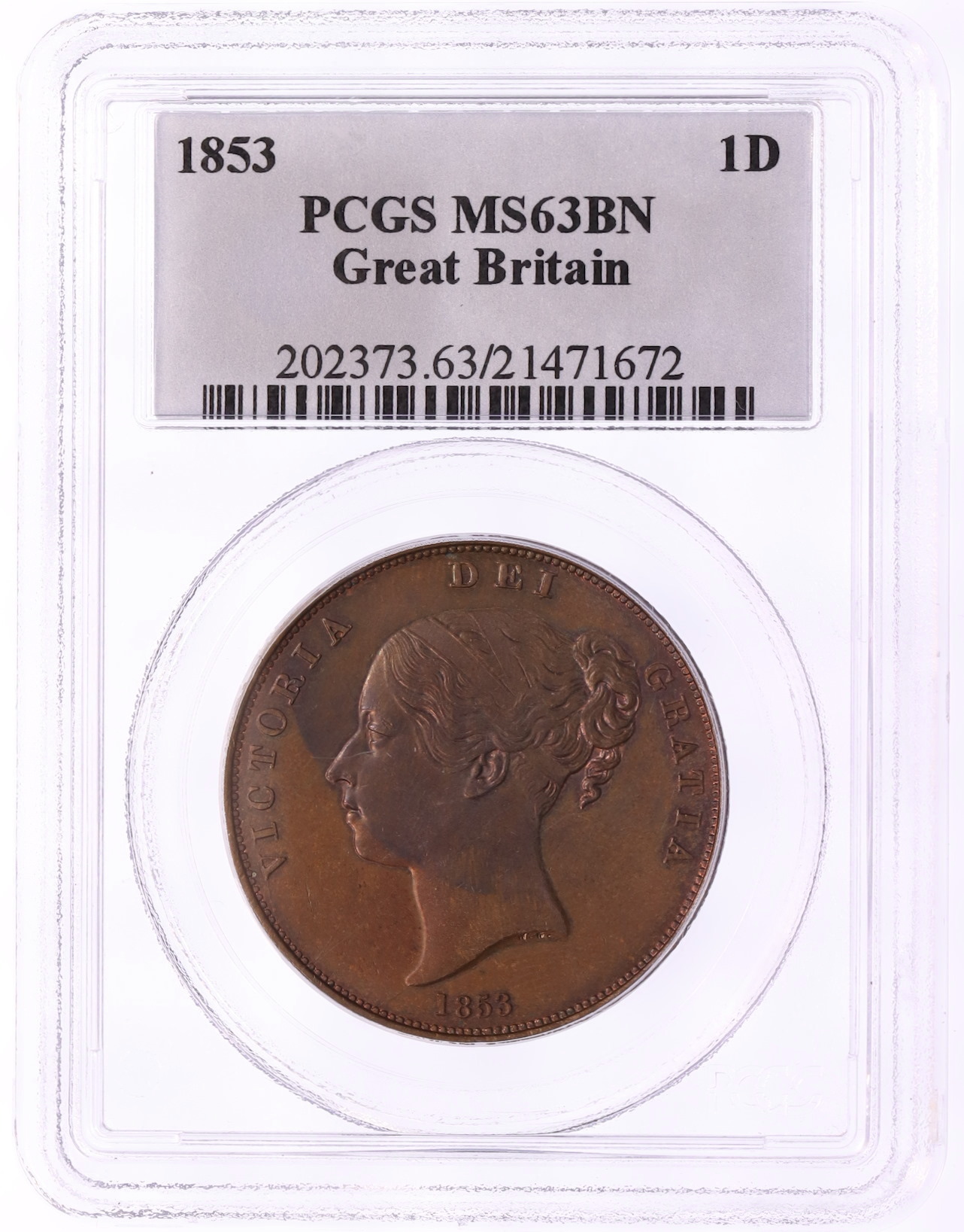 1 пенни 1853 года Великобритания (Королева Виктория) в слабе PCGS (MS63BN) — Фото №3