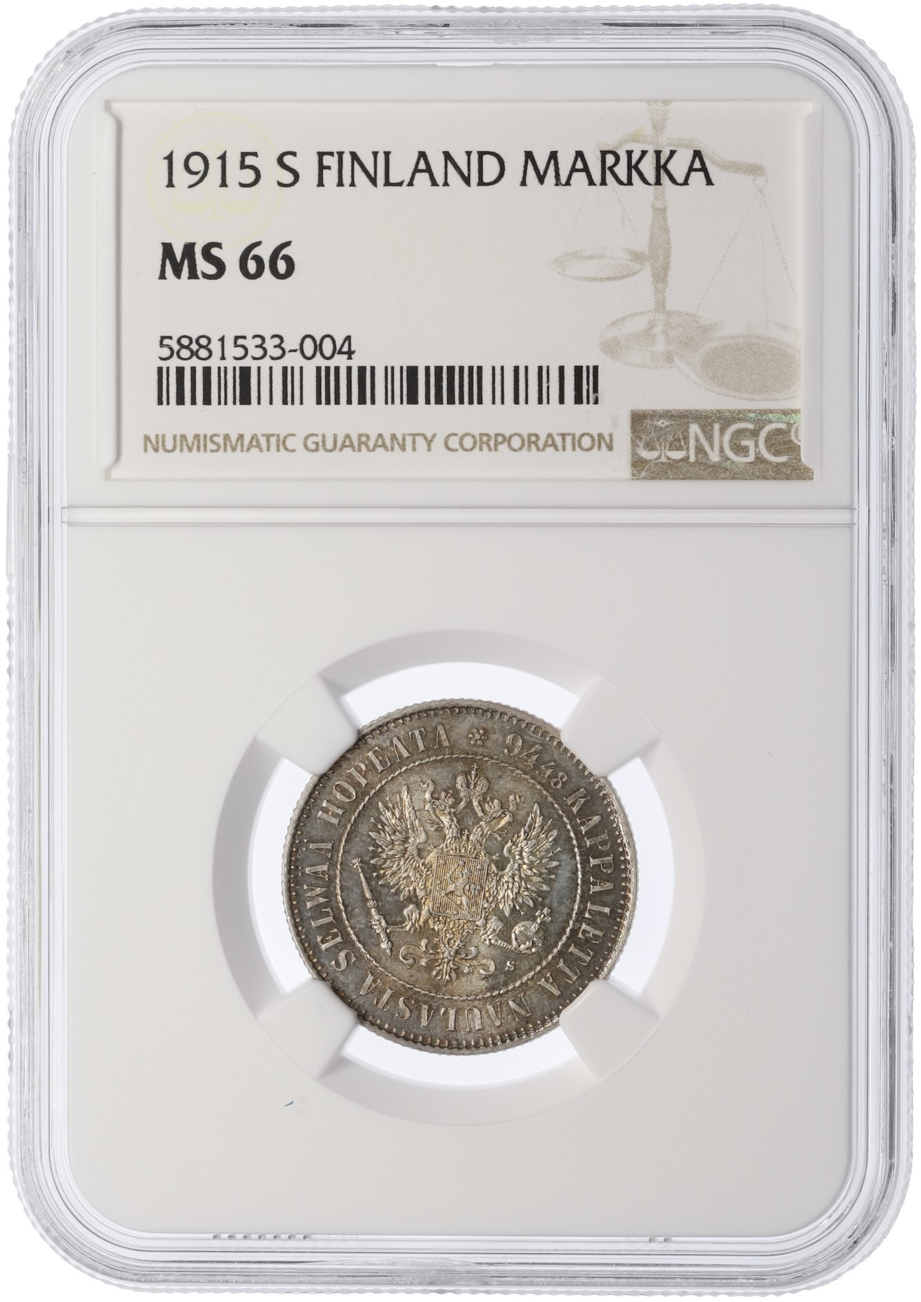 1 марка 1915 года Русская Финляндия — в слабе NGC (MS66) — Фото №3