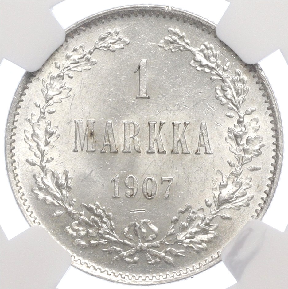 1 марка 1907 года Русская Финляндия — в слабе NGC (MS64) — Фото №1