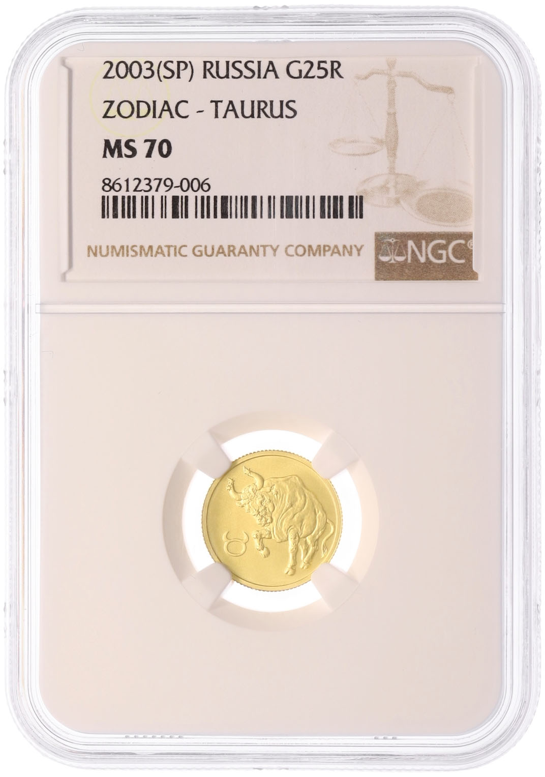25 рублей 2003 года СПМД «Знаки зодиака — Телец» в слабе NGC (топ-грейд MS70) — Фото №3