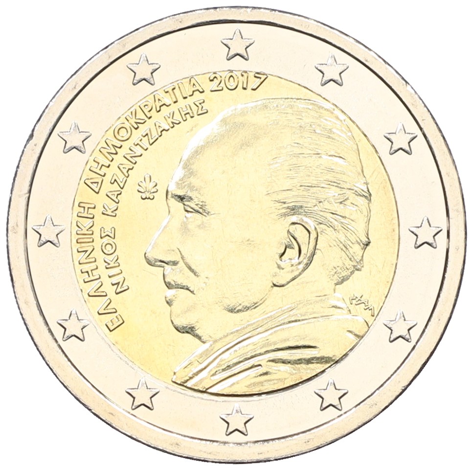 2 евро 2017 года Греция «60 лет со дня смерти Никоса Казандзакиса» — Фото №1