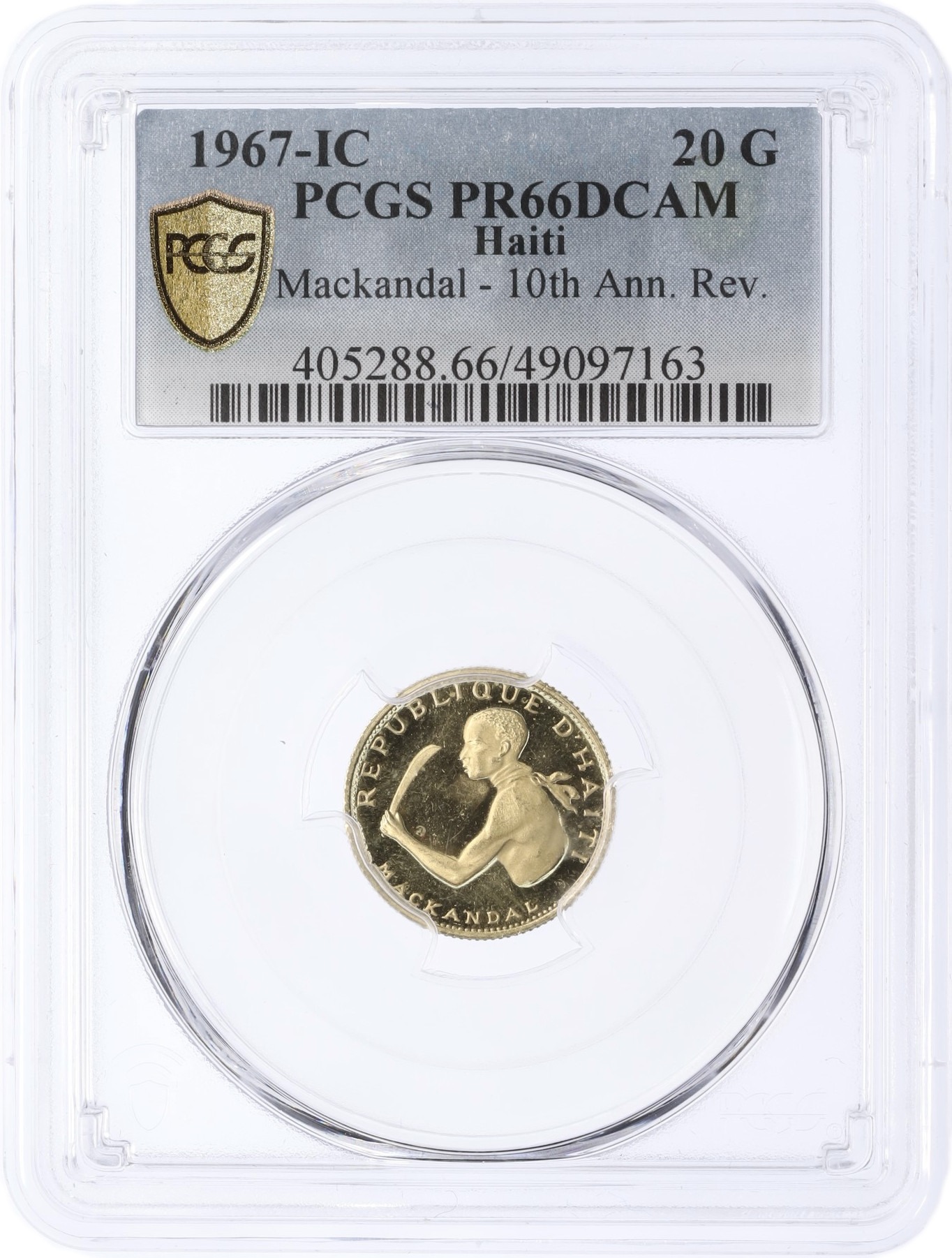 20 гурдов 1967 года Гаити «10-я годовщина Революции» в слабе PCGS (PR66DCAM) — Фото №3