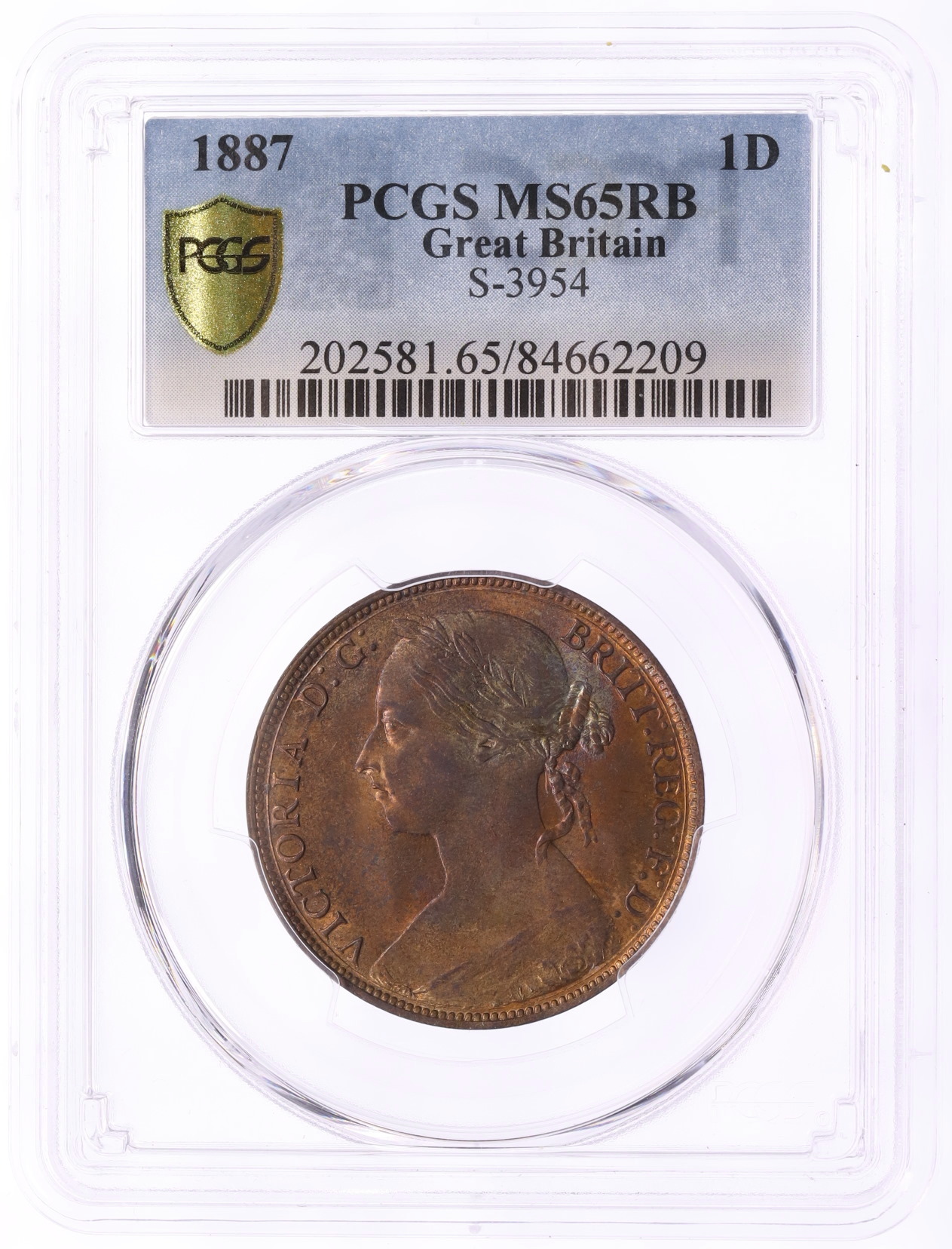 1 пенни 1887 года Великобритания (Королева Виктория) в слабе PCGS (MS65RB) — Фото №3