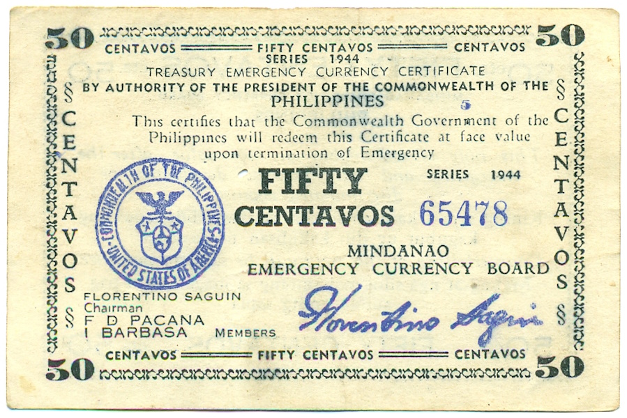50 сентаво 1944 года Филиппины — провинция Минданао — Фото №1
