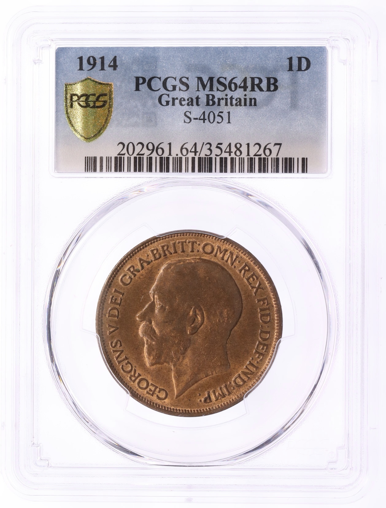 1 пенни 1914 года Великобритания (Король Георг V) в слабе PCGS (MS64RB) — Фото №3