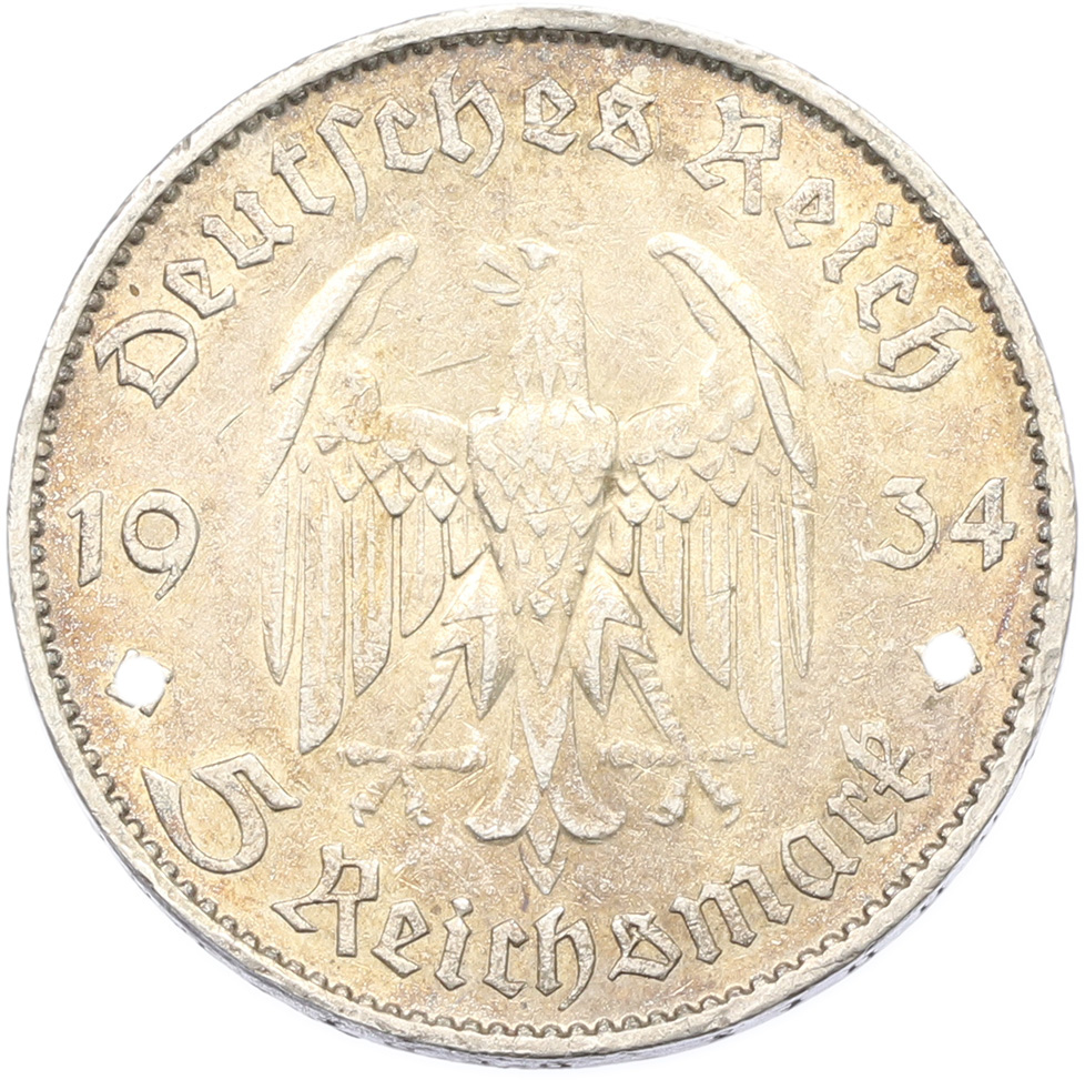 5 рейхсмарок 1934 года F Германия «Годовщина нацистского режима — Гарнизонная церковь в Постдаме» (Кирха) — Фото №2