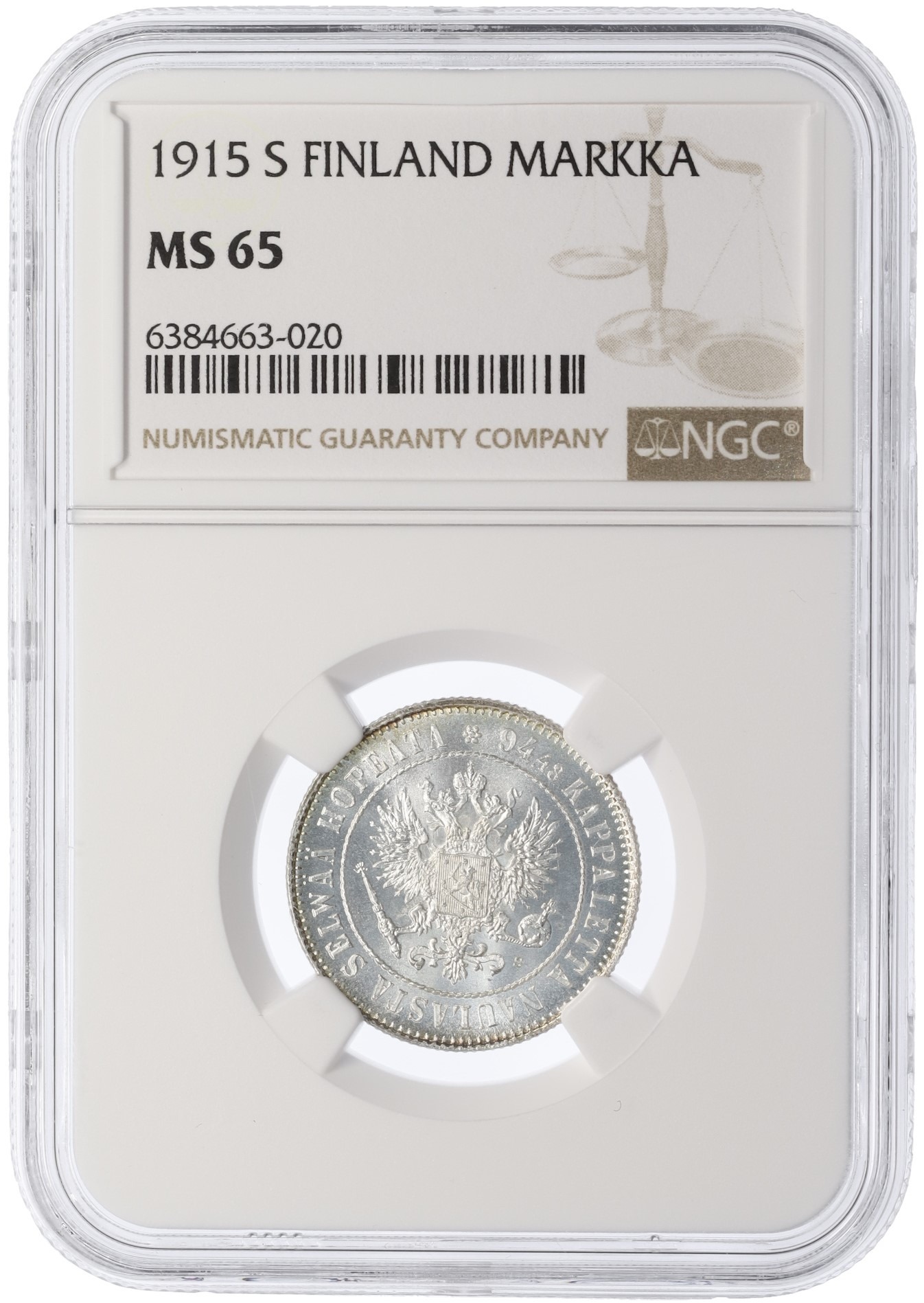1 марка 1915 года Русская Финляндия — в слабе NGC (MS65) — Фото №3