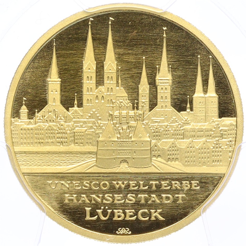 100 евро 2007 года J Германия «Мировое наследие ЮНЕСКО — Любек» в слабе PCGS (MS70) — Фото №1