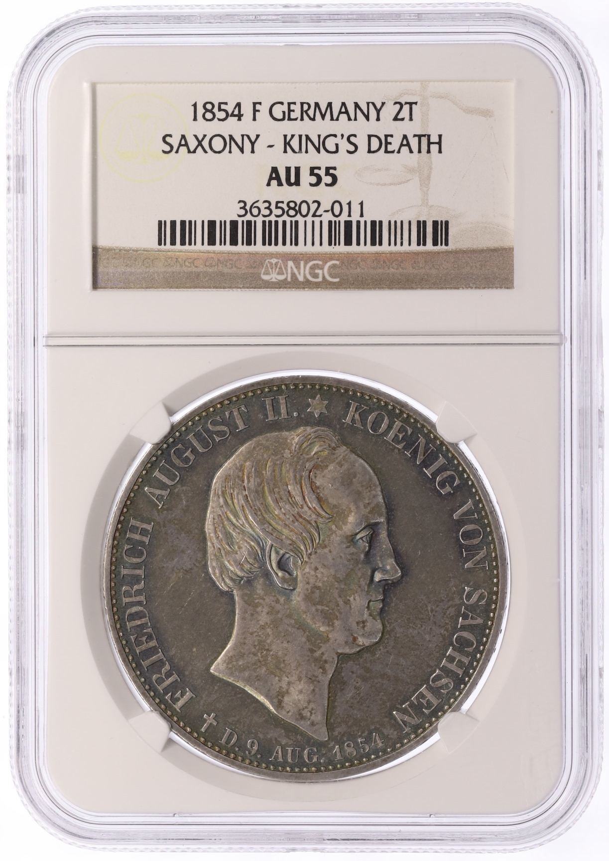 2 талера 1854 года Саксония «Смерть Короля Фридриха Августа II» в слабе NGC (AU55) — Фото №3