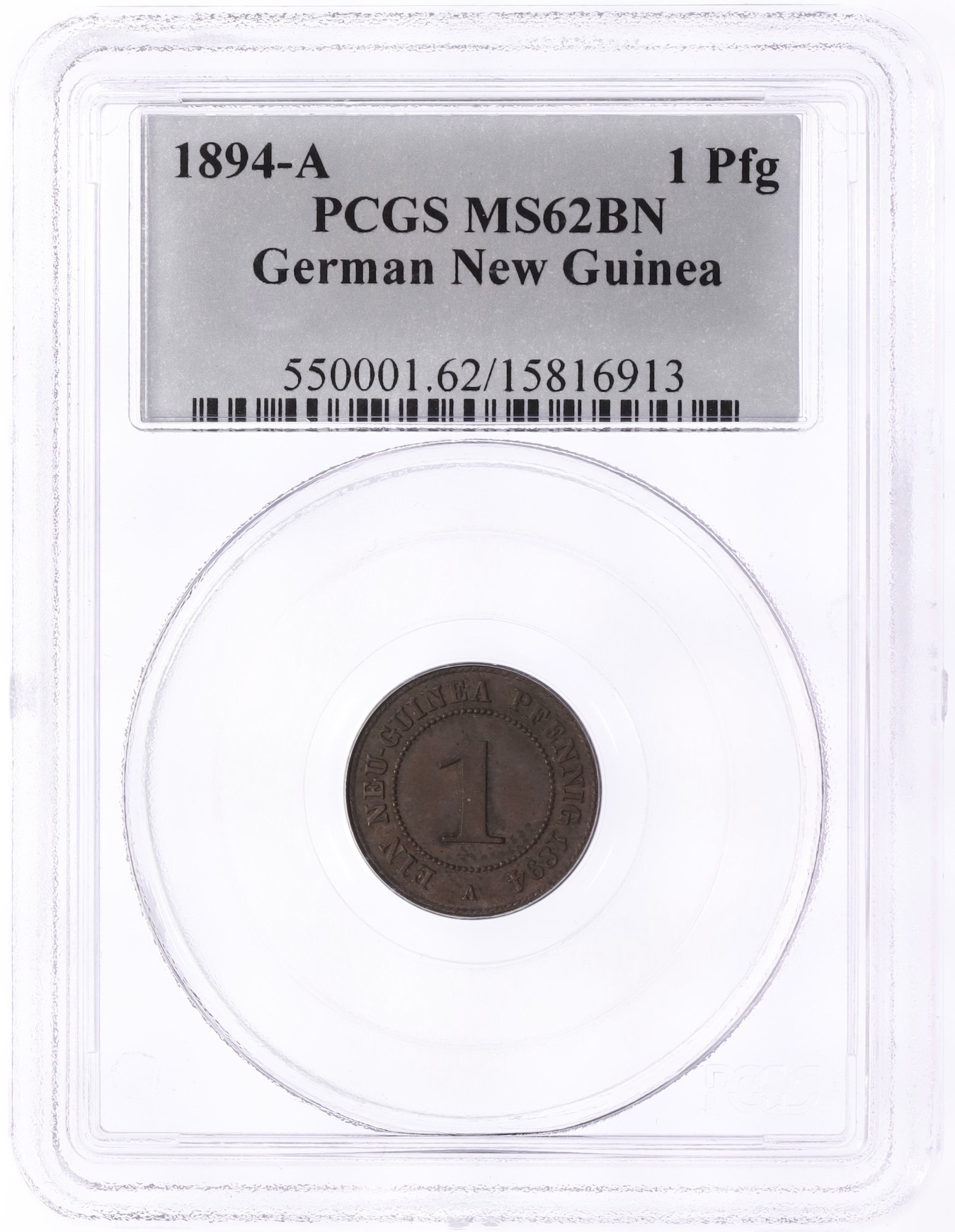 1 пфенниг 1894 года А Германская Новая Гвинея — в слабе PCGS (MS62BN) — Фото №3