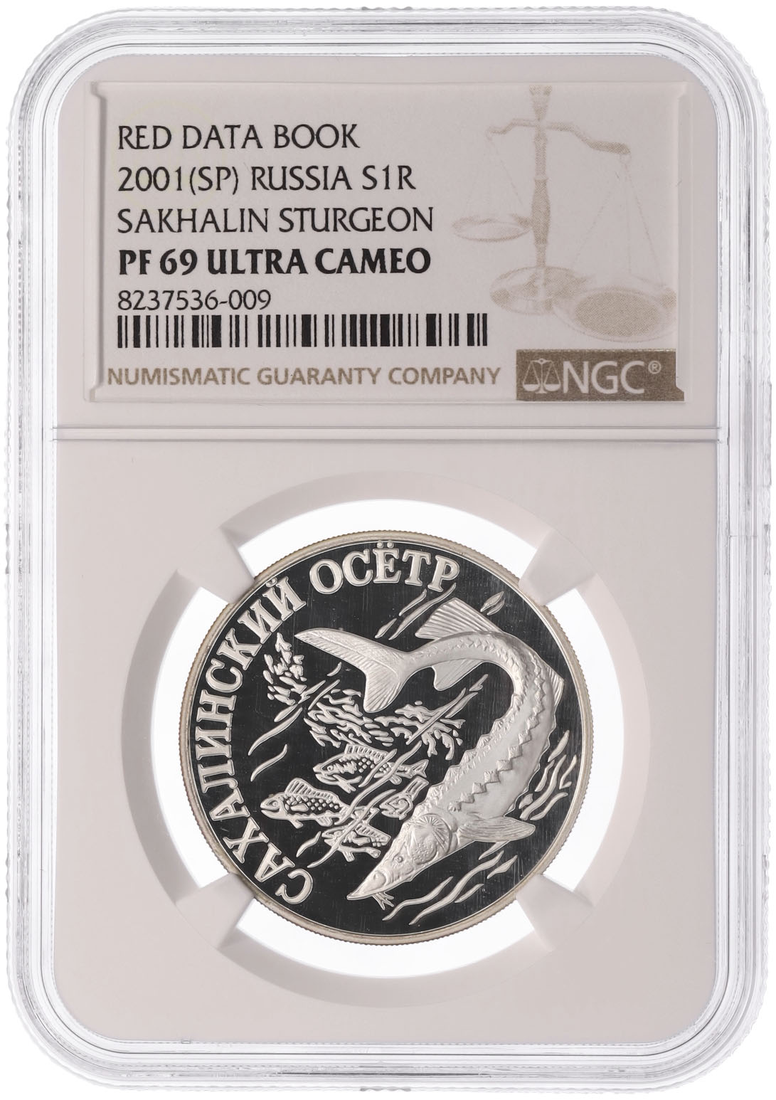 1 рубль 2001 года СПМД «Красная книга — Cахалинский осетр» в слабе NGC (PF69 ULTRA CAMEO) — Фото №3