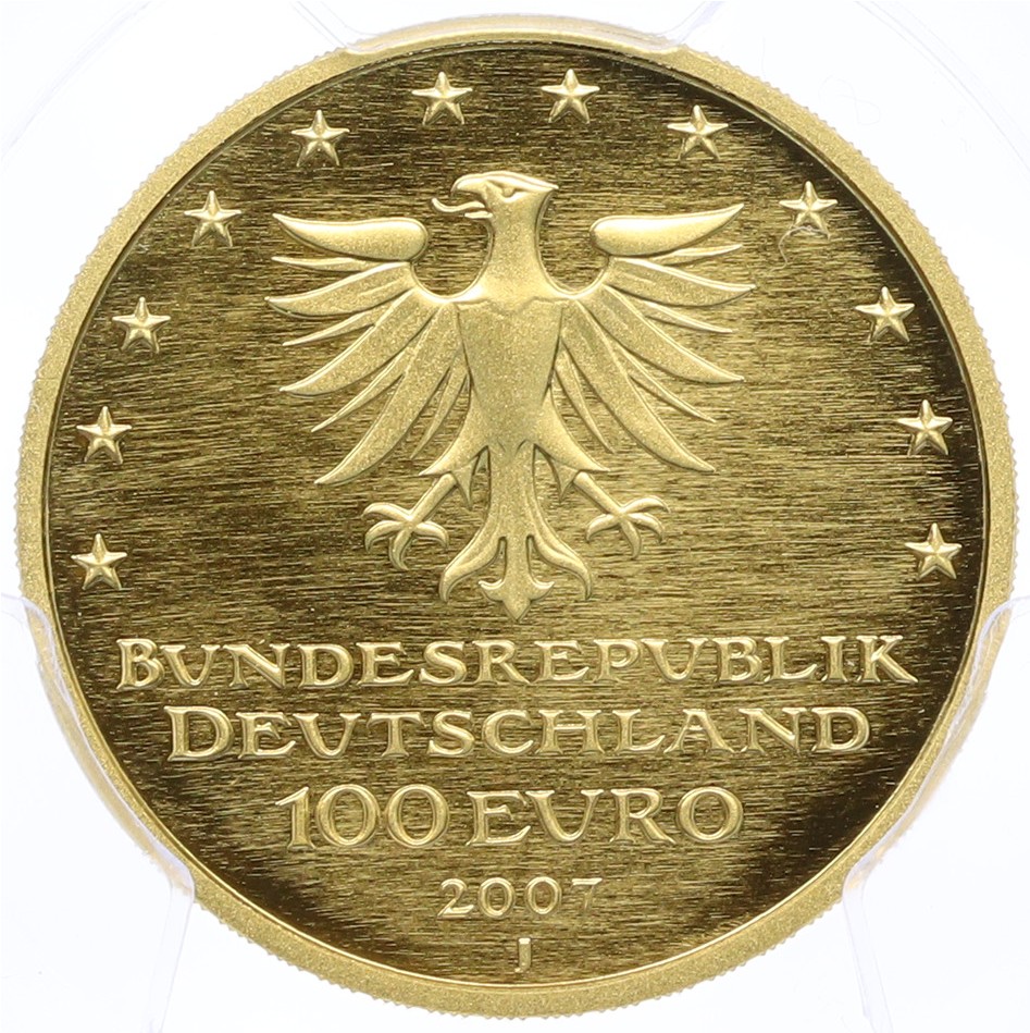 100 евро 2007 года J Германия «Мировое наследие ЮНЕСКО — Любек» в слабе PCGS (MS70) — Фото №2