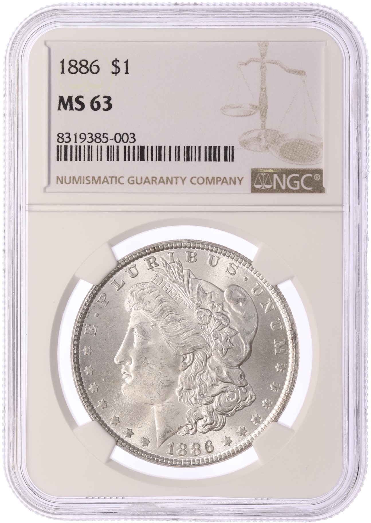 1 доллар 1886 года США «Доллар Моргана» в слабе NGC (MS63) — Фото №3
