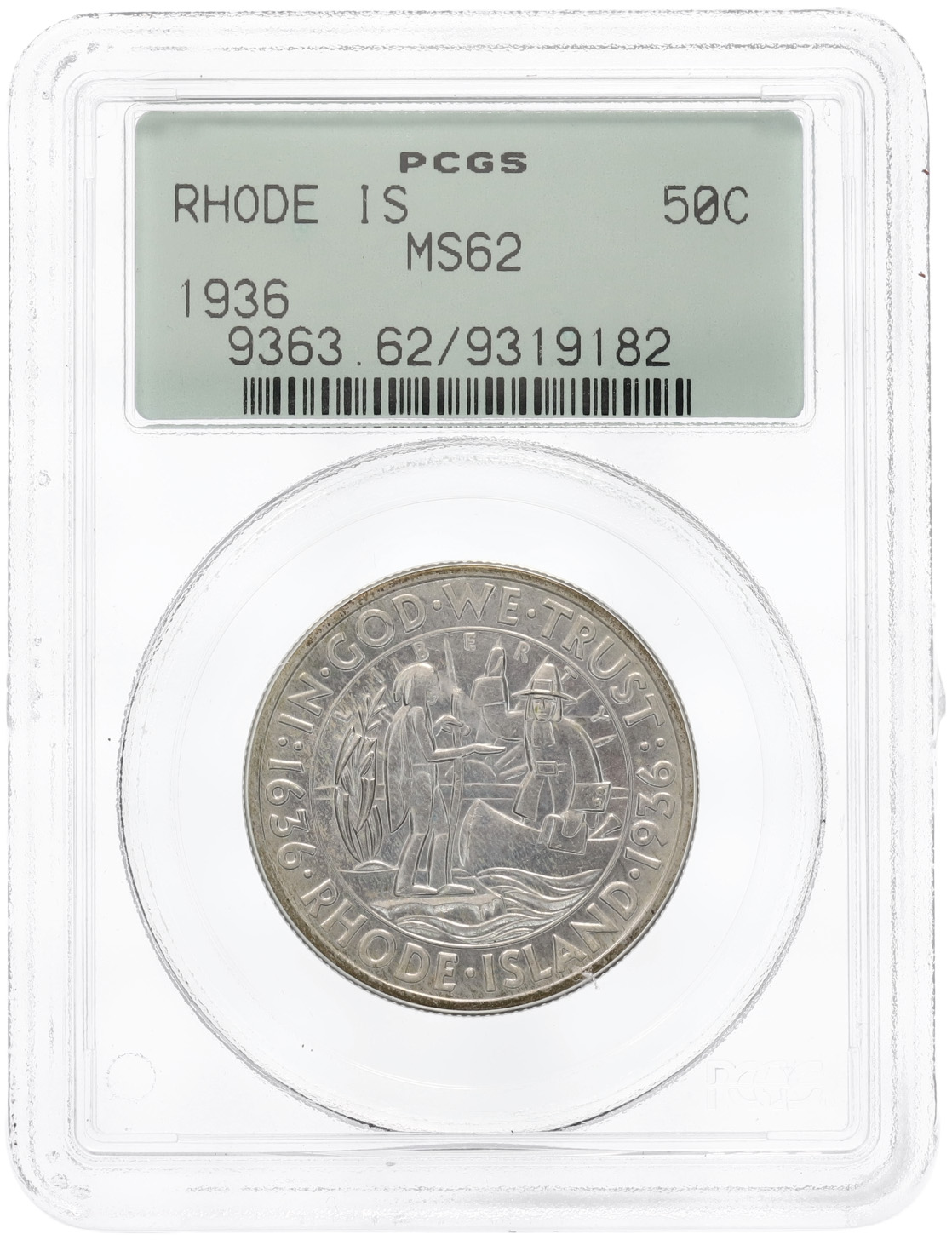 1/2 доллара (50 центов) 1936 года США «300 лет Род-Айленду» в слабе PCGS (MS62) — Фото №3