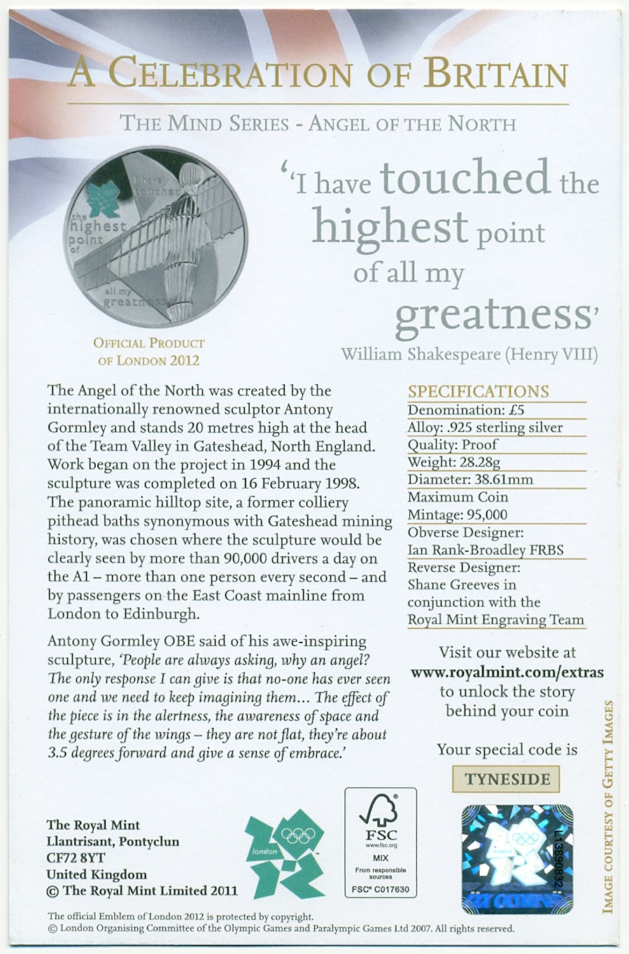 5 фунтов 2009 года Великобритания «XXX летние Олимпийские Игры — Празднование в Британии (Ангел Севера)» — Фото №3