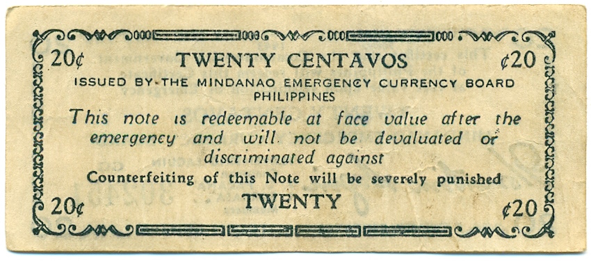 20 сентаво 1943 года Филиппины — провинция Минданао — Фото №2