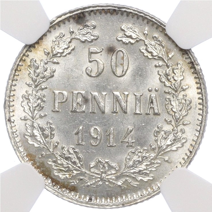 50 пенни 1914 года Русская Финляндия — в слабе NGC (MS65) — Фото №1