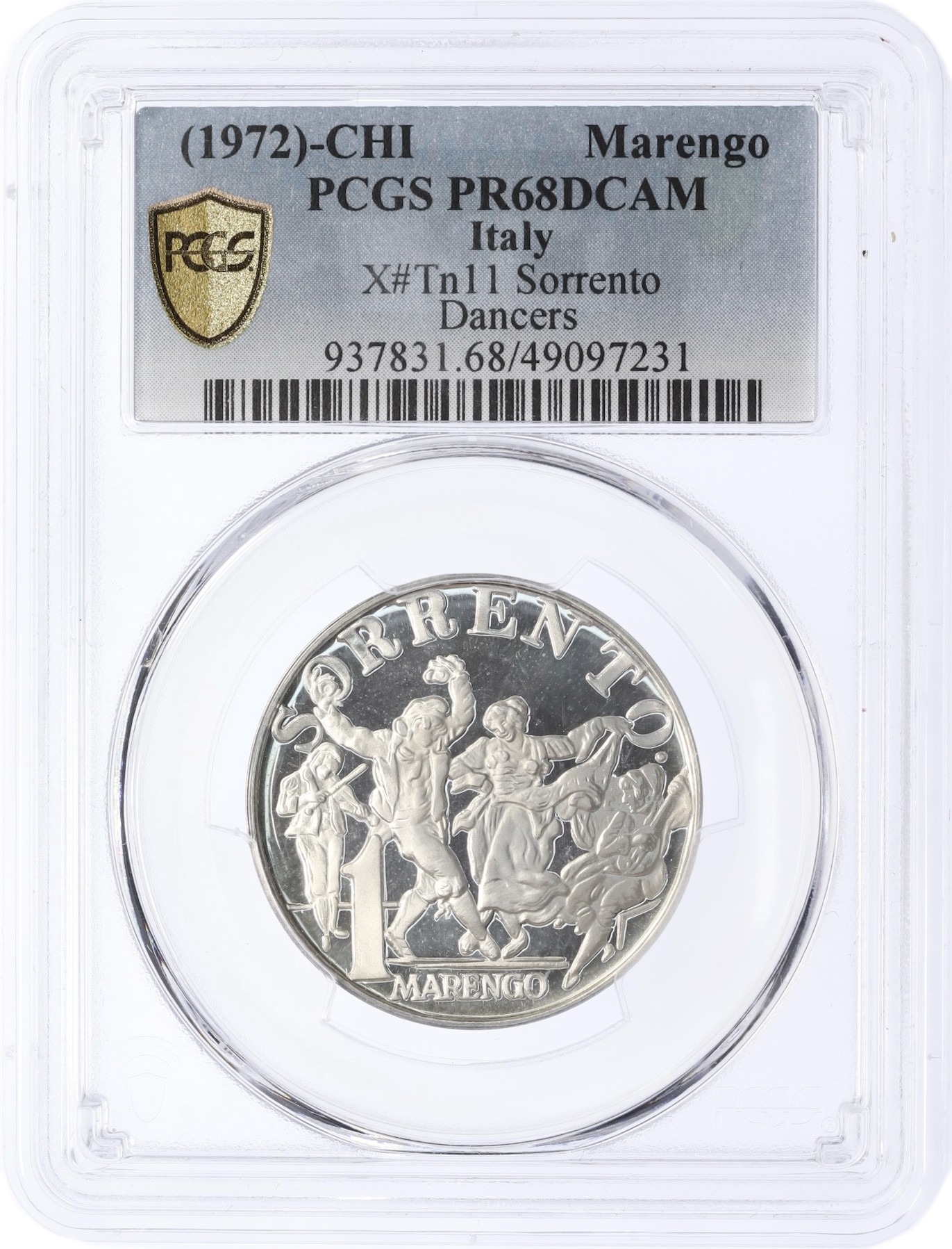 1 маренго 1971-1998 года Италия «Сорренто» в слабе PCGS (PF68DCAM) — Фото №3