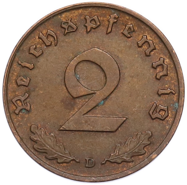 2 рейхспфеннига 1938 года D Германия — Фото №2