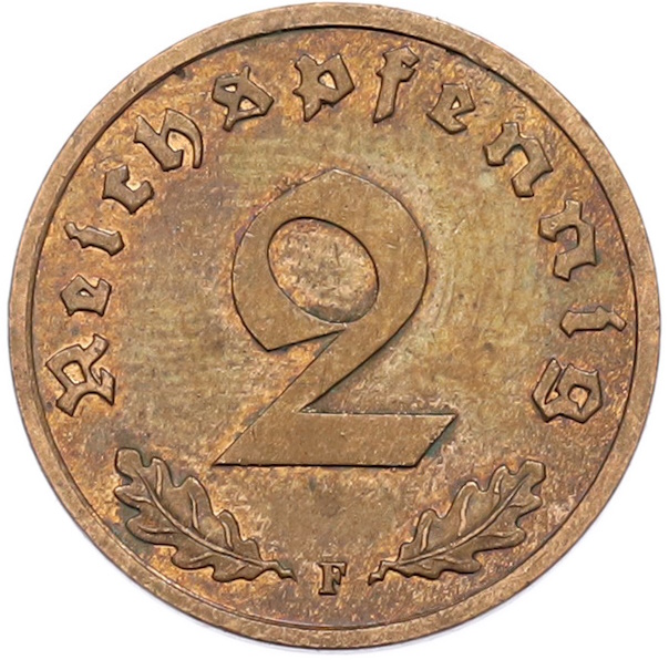 2 рейхспфеннига 1939 года F Германия — Фото №2