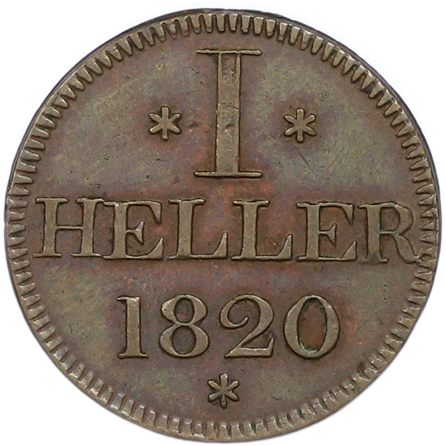 1 геллер 1820 года Франкфурт «Юденпфенниг» (Торговый токен) — Фото №1