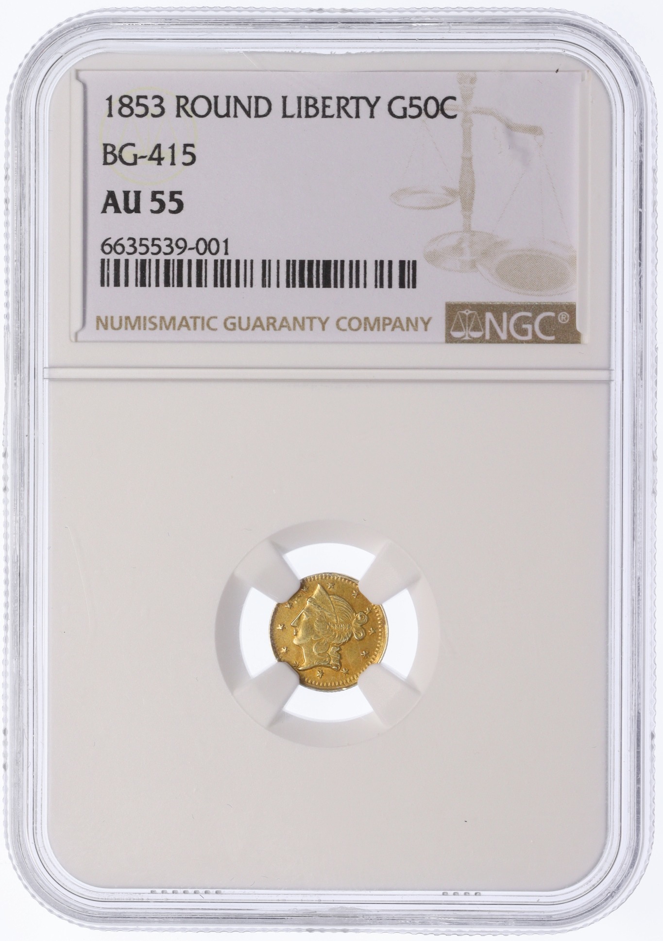 1/2 доллара 1853 года США (Калифорния) в слабе NGC (AU55) — Фото №3