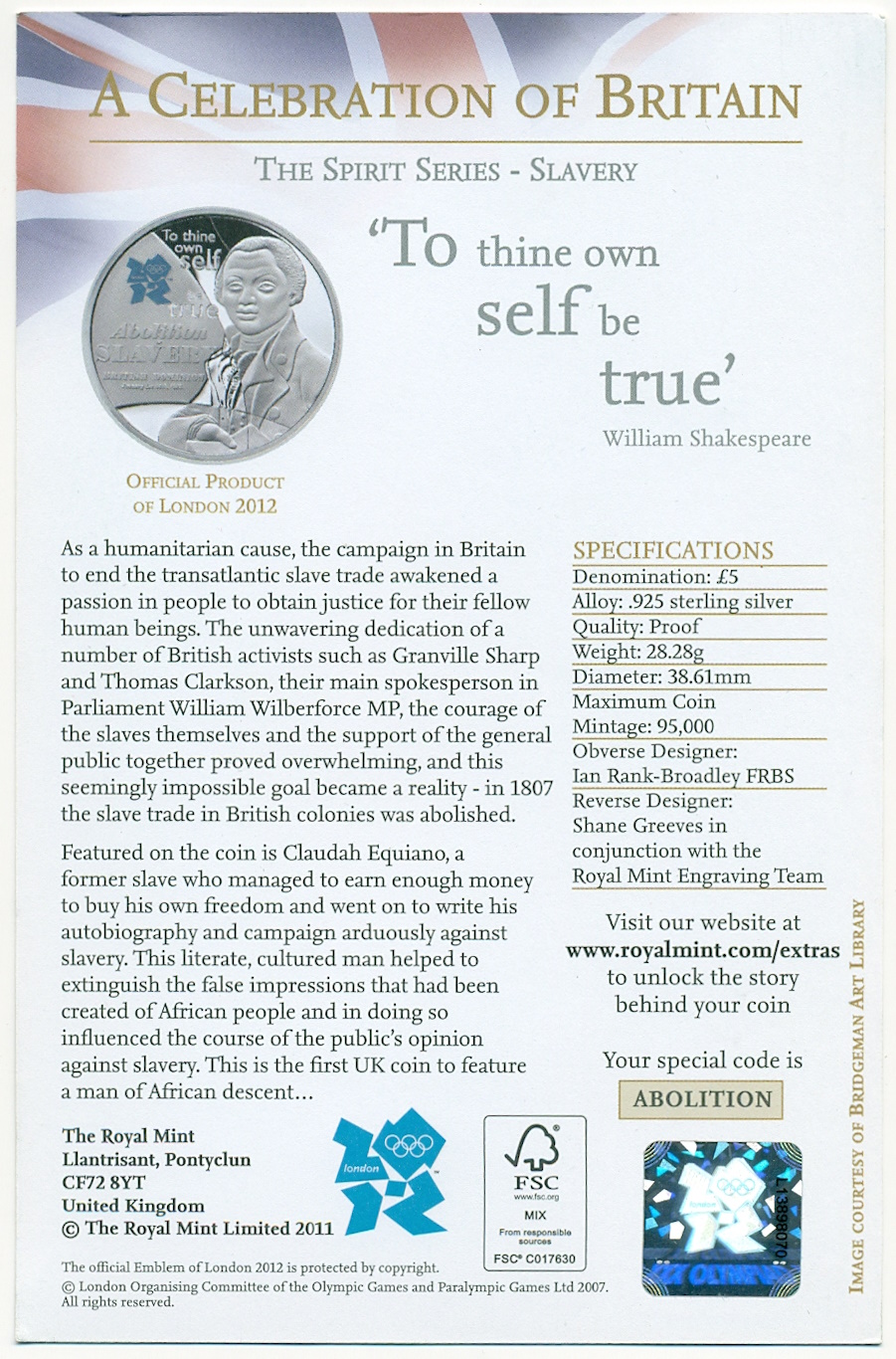 5 фунтов 2010 года Великобритания «XXX летние Олимпийские Игры — Празднование в Британии (Отмена рабства)» — Фото №3