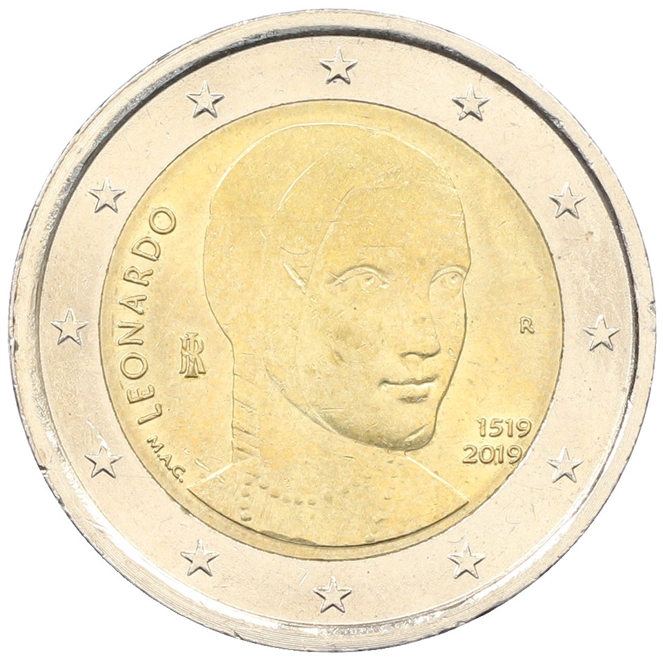 2 евро 2019 года Италия «500 лет со дня смерти Леонардо да Винчи» — Фото №1