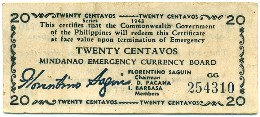 20 сентаво 1943 года Филиппины — провинция Минданао — Фото №1