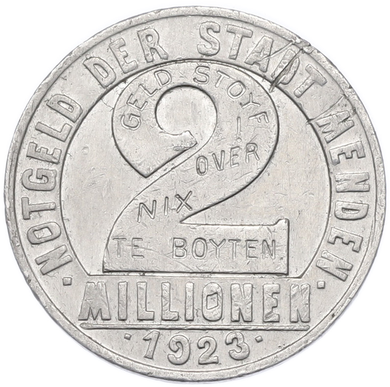 2 миллиона марок 1923 года Германия — город Менден (Нотгельд) — Фото №2