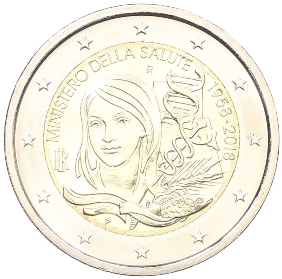 2 евро 2018 года Италия «60 лет основанию Министерства здравоохранения» — Фото №1