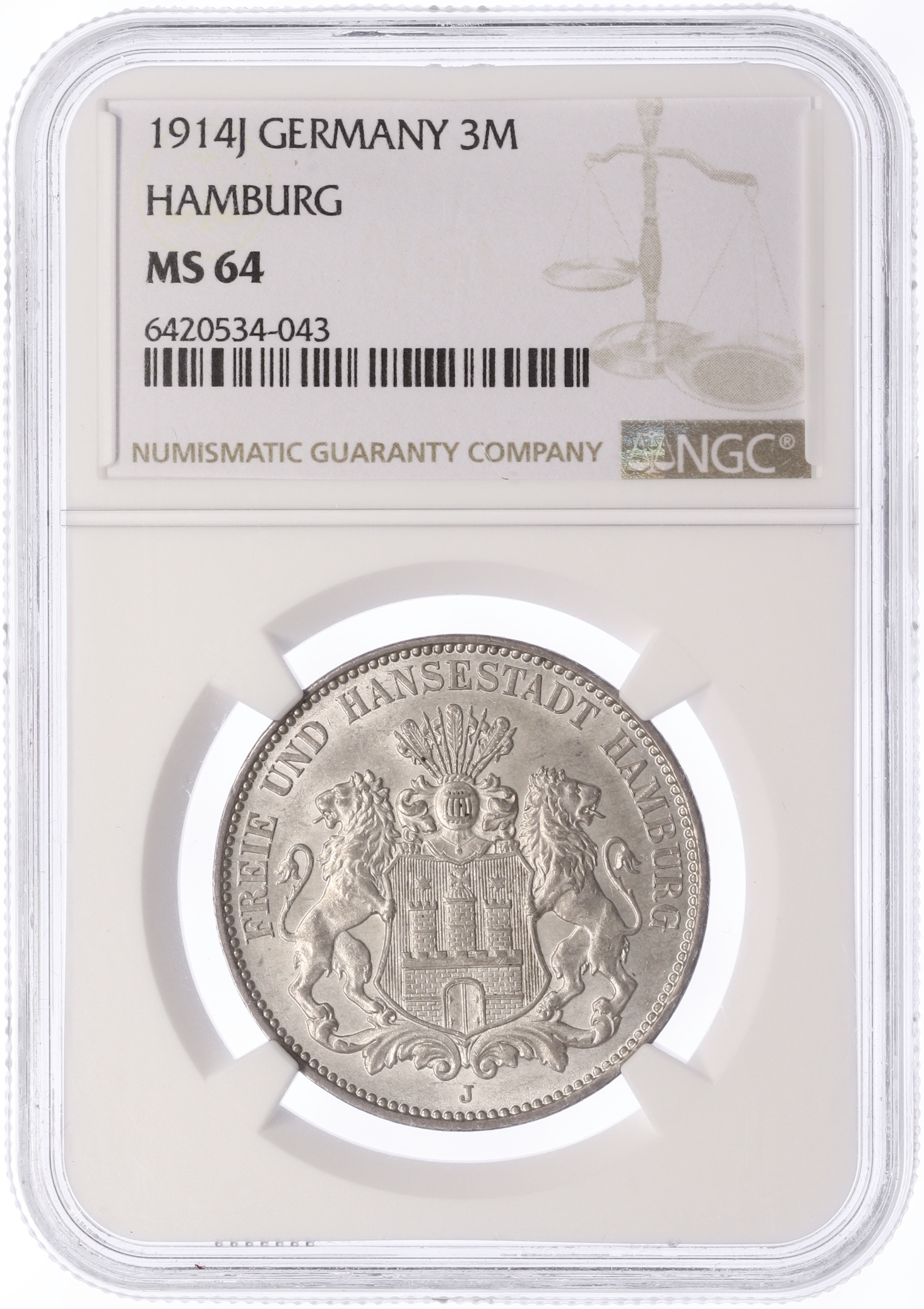 3 марки 1914 года Германия (Гамбург) в слабе NGC (MS64) — Фото №3