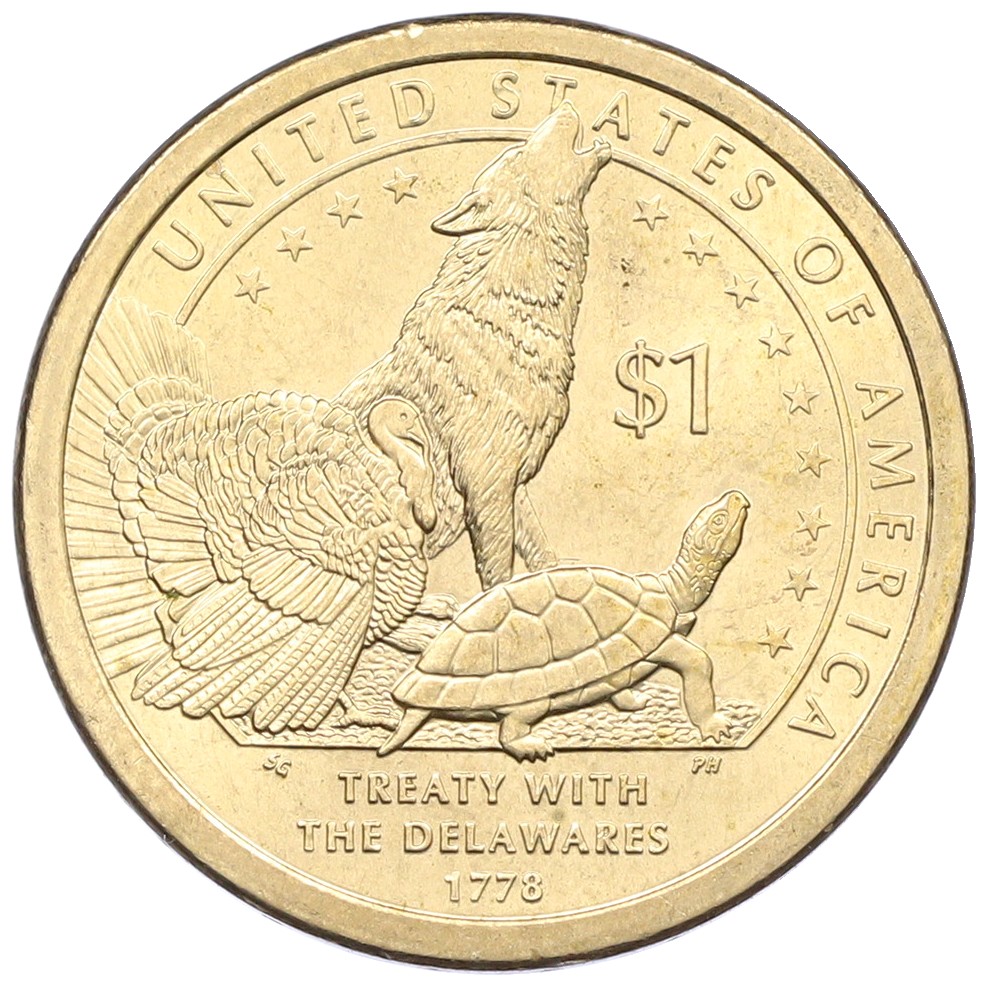 1 доллар 2013 года (Р) США «Коренные американцы (Сакагавея) — Договор с Делаварами» — Фото №1