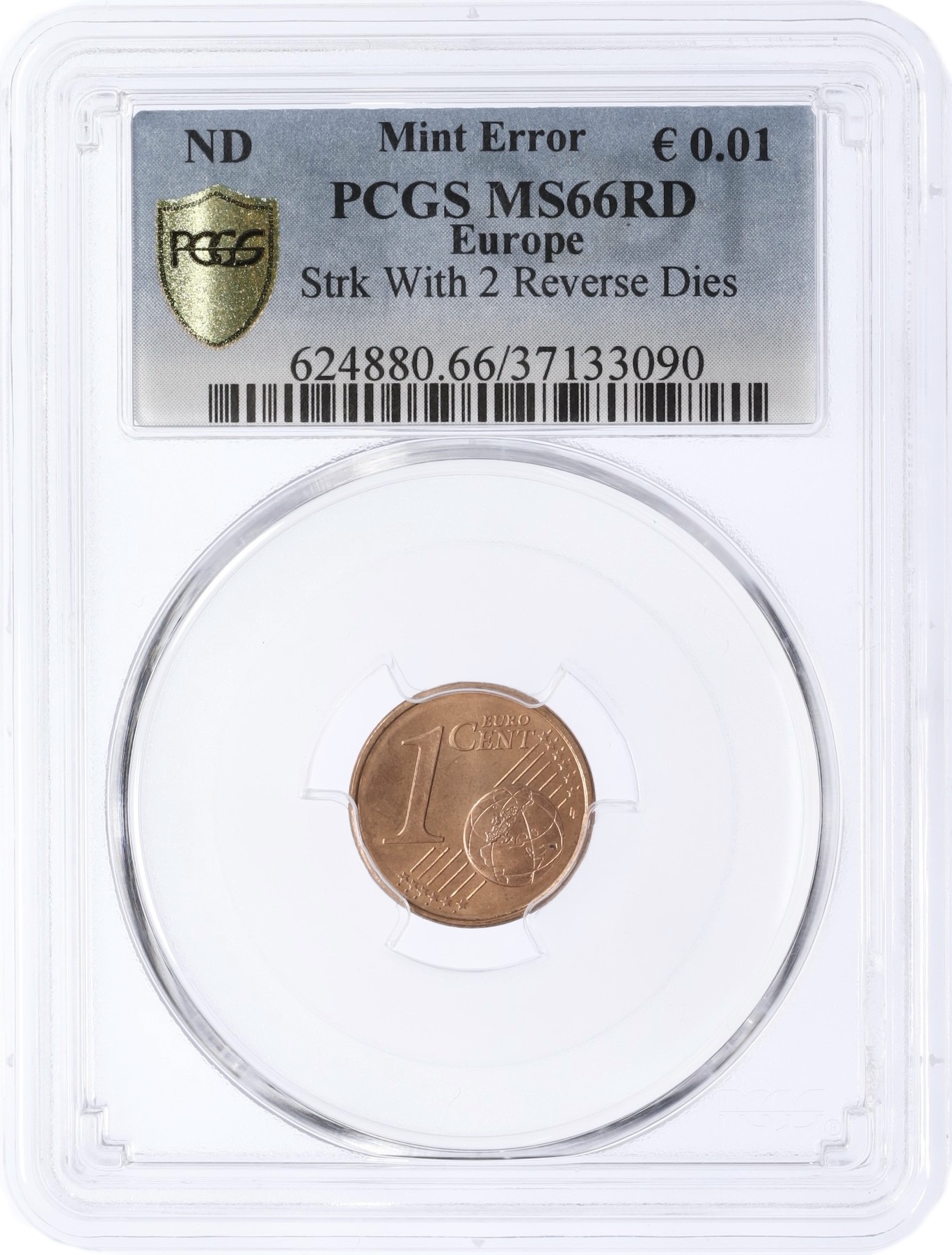 1 евроцент 1999-2024 года Брак (аверс-аверс) — в слабе PCGS (MS66RD) — Фото №3