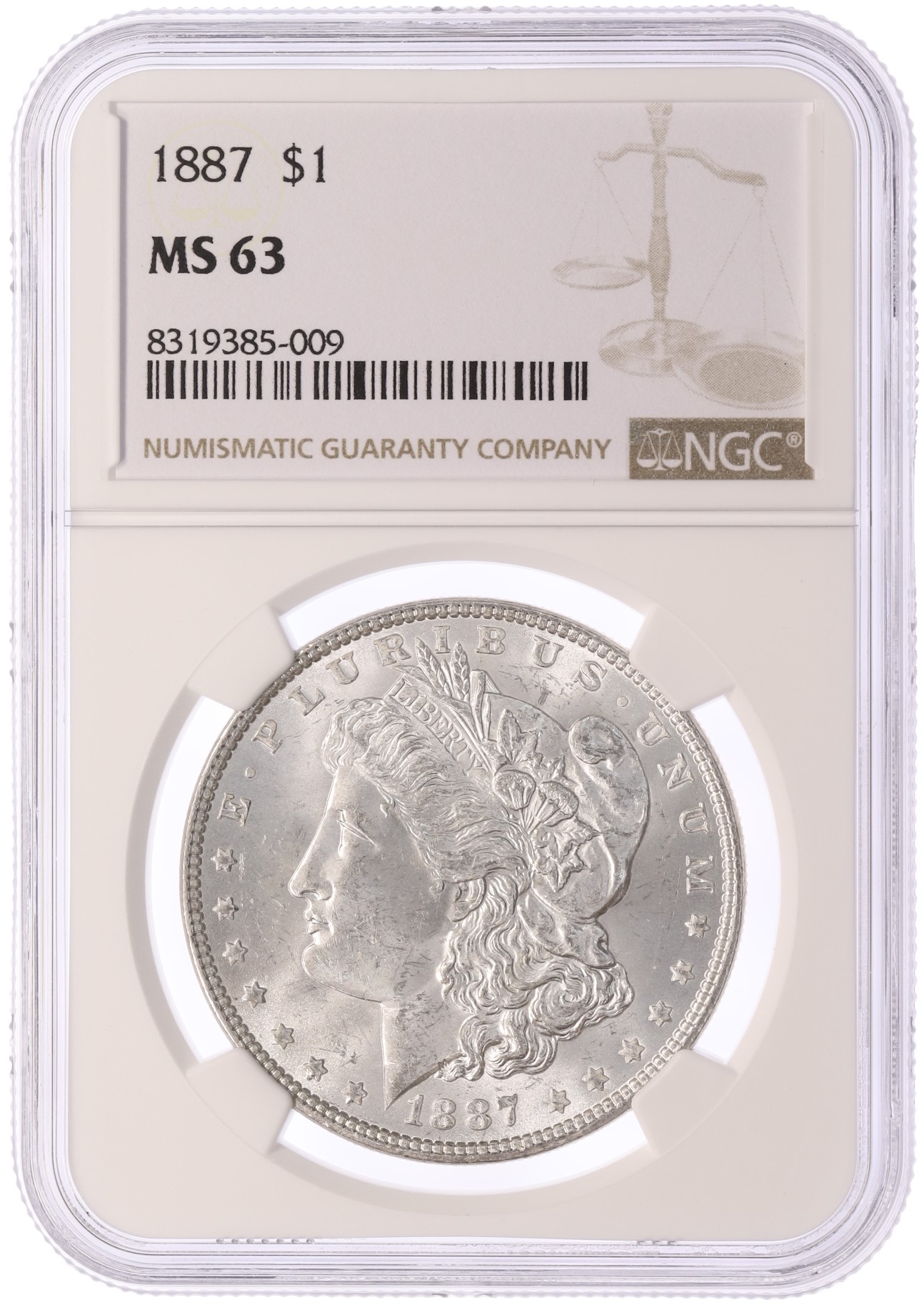 1 доллар 1887 года США «Доллар Моргана» в слабе NGC (MS63) — Фото №3