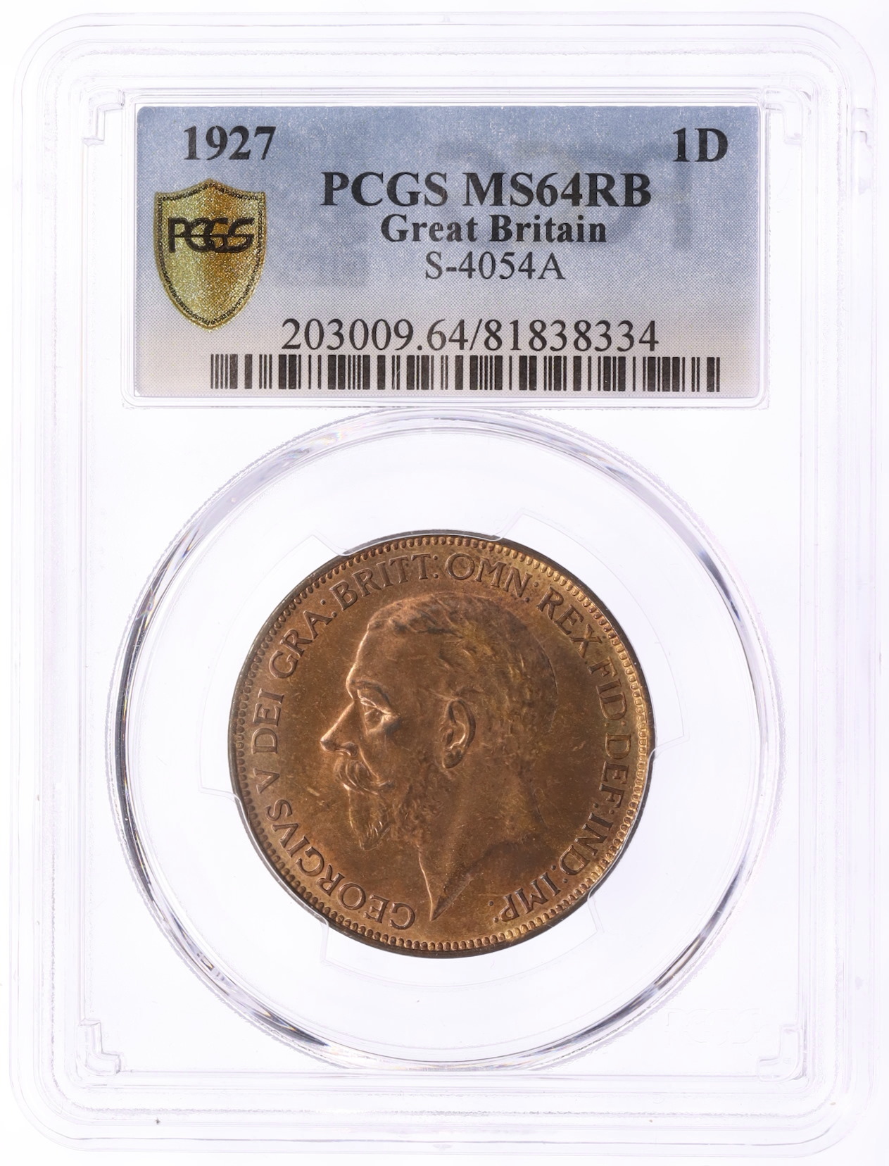 1 пенни 1927 года Великобритания (Король Георг V) в слабе PCGS (MS64RB) — Фото №3