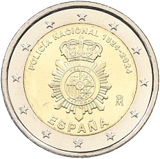 2 евро 2024 года Испания «200 лет Национальной полиции Испании» — Фото №1