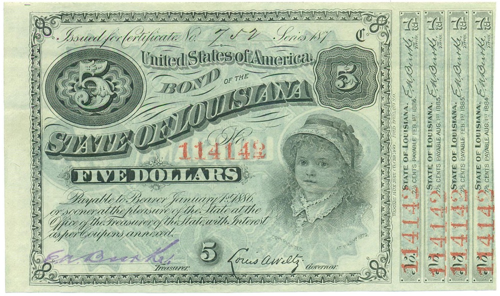 Облигация на 5 долларов 1879 года США (Луизиана) — Фото №1