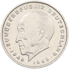 2 марки 1972 года G Западная Германия (ФРГ) «Конрад Аденауэр» — Фото №1