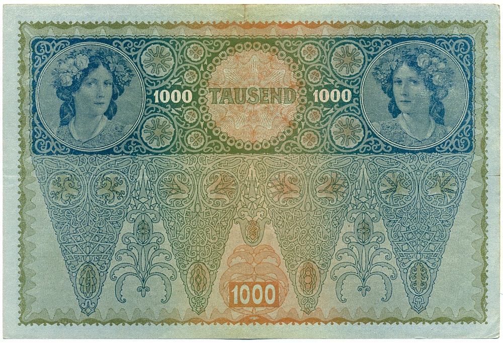 1000 крон 1919 года Австрия (Горизонтальная красная надпечатка на 1000 кронах 1902 года) — Фото №2