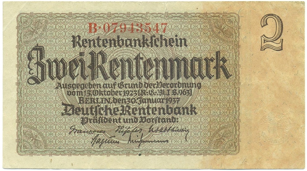 2 рентенмарки 1937 года Германия — Фото №1