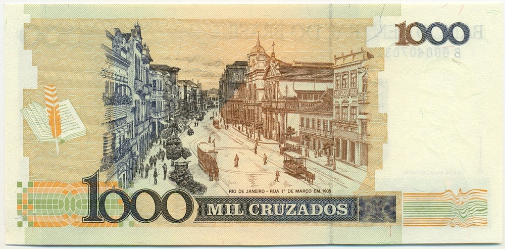 1 новый крузадо 1989 года Бразилия (Надпечатка на 1000 крузадо) — Фото №2