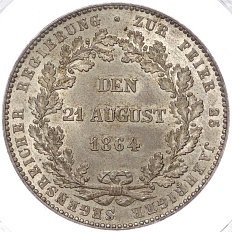 1 талер 1864 года Нассау «25 лет правлению Герцога Адольфа» — в слабе PCGS (MS64) — Фото №1