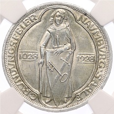3 рейхсмарки 1928 года A Германия «900 лет Наумбургу» в слабе NGC (UNC Details) — Фото №1