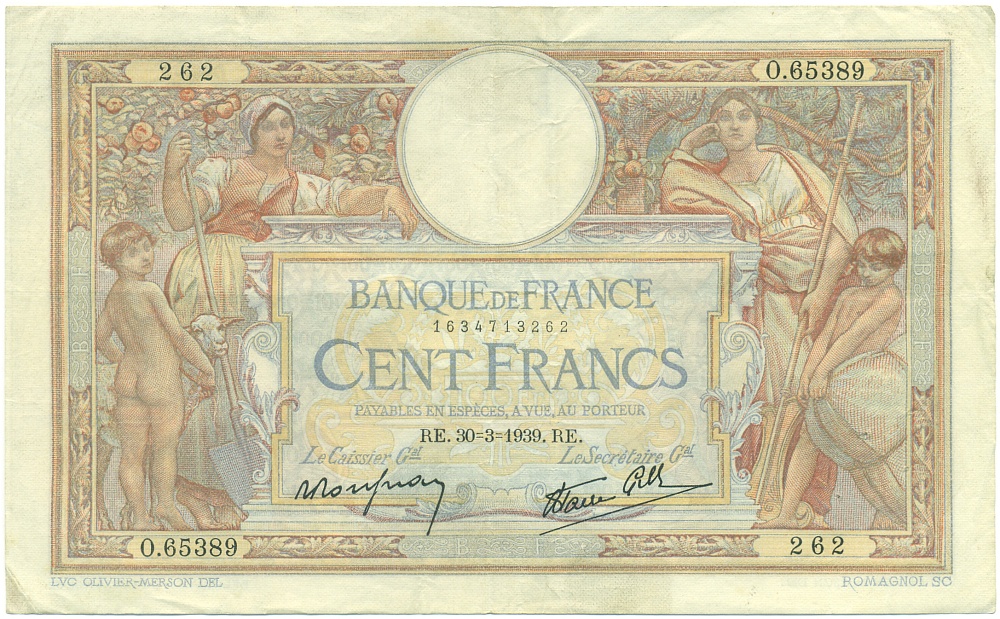 100 франков 1939 года Франция — Фото №1