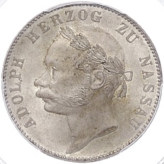 1 талер 1864 года Нассау «25 лет правлению Герцога Адольфа» — в слабе PCGS (MS64) — Фото №2