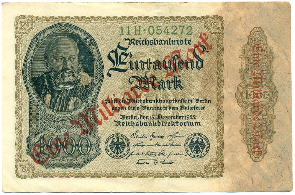 1 миллиард марок 1923 года Германия (Надпечатка на 1000 марок) — Фото №1