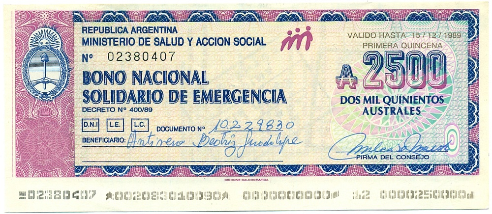 2500 аустралей 1989 года Аргентина — Фото №1