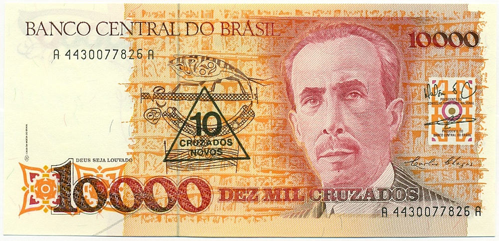 10 новых крузадо 1990 года Бразилия (Надпечатка на 10000 крузадо) — Фото №1