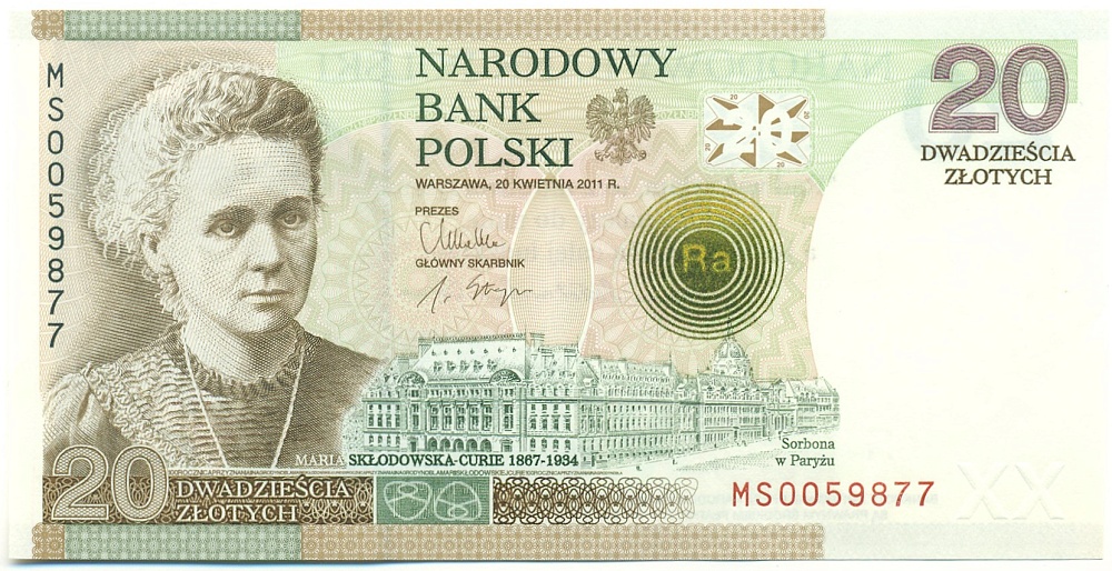 20 злотых 2011 года Польша «Столетие Нобелевской премии Марии Складовской-Кюри» — Фото №1